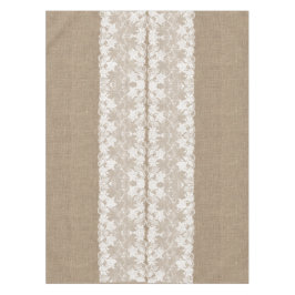 Rustisch land:  beige burlap en witte kant tafelkleed