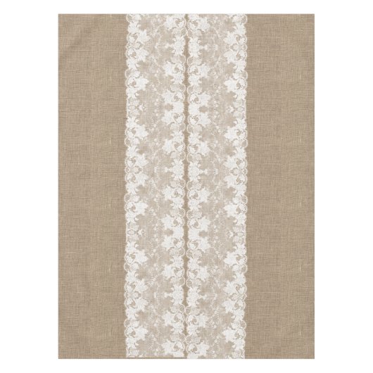Rustisch land:  beige burlap en witte kant tafelkleed (Voorkant)