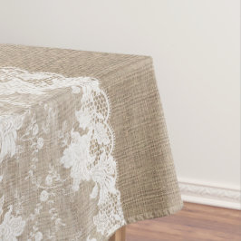 Rustisch land: beige burlap en witte kant tafelkleed