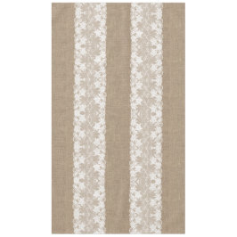 Rustisch land:  beige burlap en witte kant tafelkleed