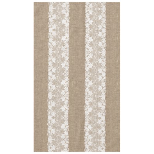 Rustisch land:  beige burlap en witte kant tafelkleed (Voorkant)