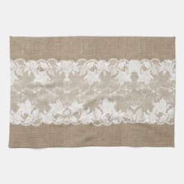 Rustisch land:  beige burlap en witte kant theedoek