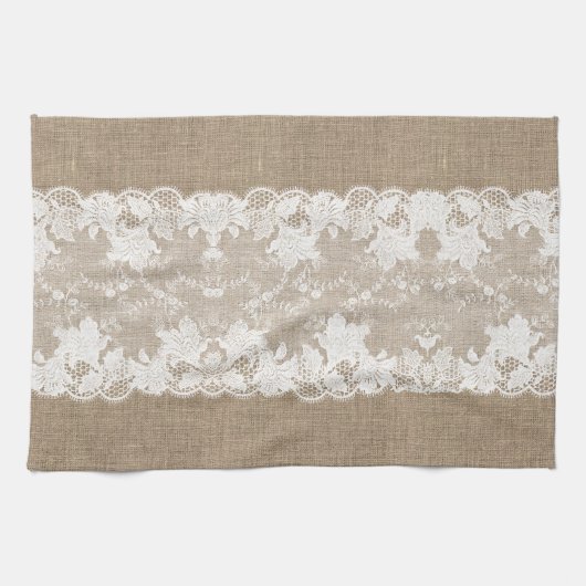 Rustisch land:  beige burlap en witte kant theedoek (Horizontaal)