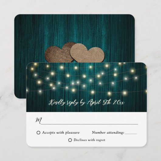 Rustisch Land Blauwgroen Hout Fairy Lights Wedding RSVP Kaartje (Voorkant / Achterkant)