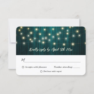 Rustisch Land Blauwgroen Hout Fairy Lights Wedding RSVP Kaartje