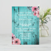Rustisch Land Blauwgroen Hout Roze Floral Boho Wed Kaart (Staand voorkant)