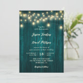 Rustisch Land Blauwgroen Wood String Lights Weddin Kaart (Staand voorkant)