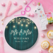 Rustisch Land Blauwgroen Wood String Lights Weddin Papieren Bordje (Feest)