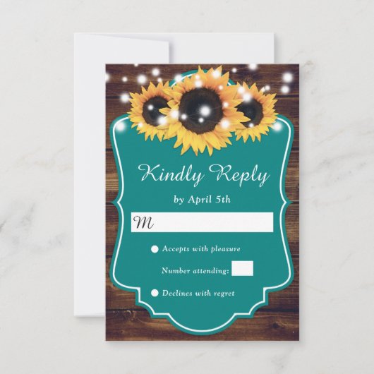 Rustisch Land Blauwgroen Wood Sunflower Wedding RSVP Kaartje (Voorkant)