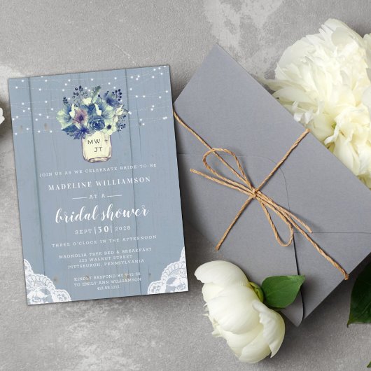 Rustisch Land Blue Mason Jar Wood Vrijgezellenfees Kaart