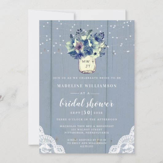 Rustisch Land Blue Mason Jar Wood Vrijgezellenfees Kaart (Voorkant)