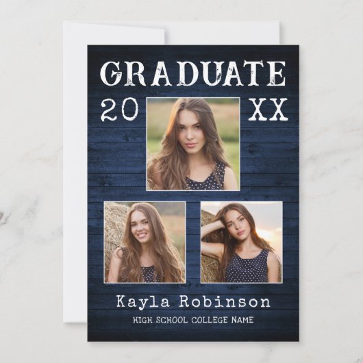 Rustisch Land Blue Wood Plank 3 Foto Afstuderen Aankondiging (Voorkant)