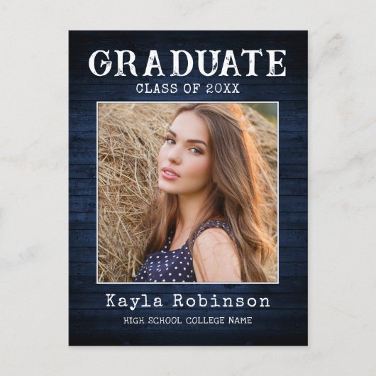 Rustisch Land Blue Wood Plank Foto Afstuderen Briefkaart (Voorkant)