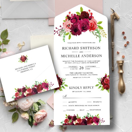 Rustisch land Burgundy Floral Bouquet Wedding All In One Uitnodiging
