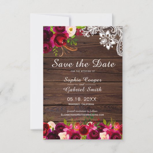 Rustisch land Burgundy Floral Wood Lace Save The Date (Voorkant)