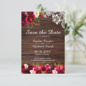 Rustisch land Burgundy Floral Wood Lace Save The Date (Staand voorkant)