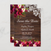 Rustisch land Burgundy Floral Wood Lace Save The Date (Voorkant / Achterkant)