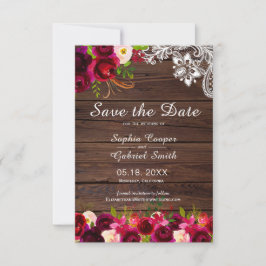 Rustisch land Burgundy Floral Wood Lace Save The Date