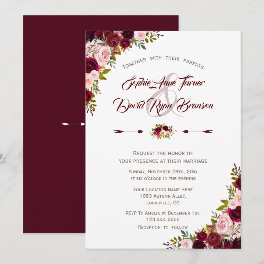 Rustisch land Burgundy Marsala Floral Wedding Kaart (Voorkant / Achterkant)