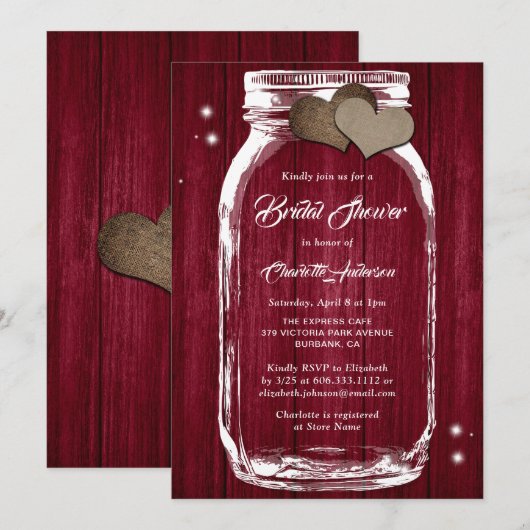 Rustisch land Burgundy Mason Jar Vrijgezellenfeest Kaart (Voorkant / Achterkant)