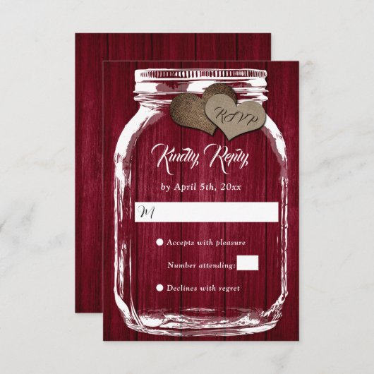 Rustisch land Burgundy Mason Jar Wedding RSVP (Voorkant / Achterkant)