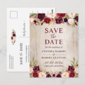 Rustisch land Burgundy Red Floral sparen de datum Briefkaart (Voorkant / Achterkant)