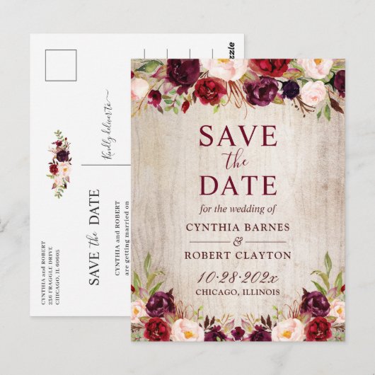 Rustisch land Burgundy Red Floral sparen de datum Briefkaart (Voorkant / Achterkant)