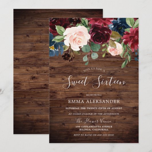 Rustisch land Burgundy Red Floral Sweet 16 Kaart (Voorkant / Achterkant)
