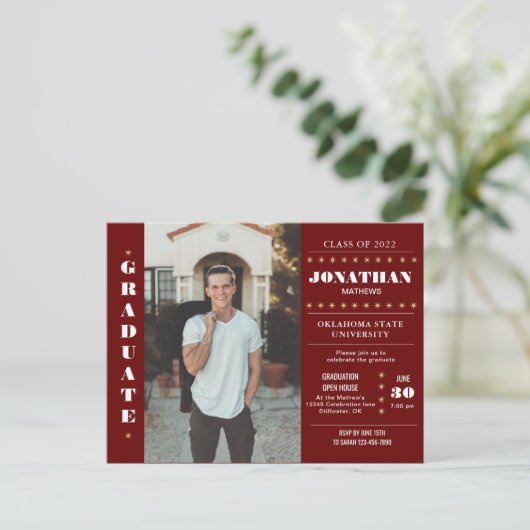 Rustisch Land Burgundy Red Gold Photo Afstuderen Briefkaart (Staand voorkant)