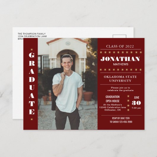 Rustisch Land Burgundy Red Gold Photo Afstuderen Briefkaart (Voorkant / Achterkant)