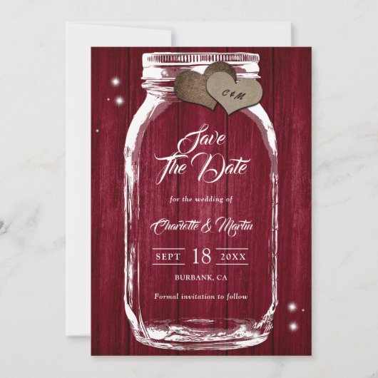 Rustisch land Burgundy Wood Mason Jar Wedding Save The Date (Voorkant)