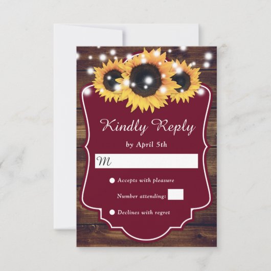 Rustisch land Burgundy Wood Sunflower Wedding RSVP Kaartje (Voorkant)