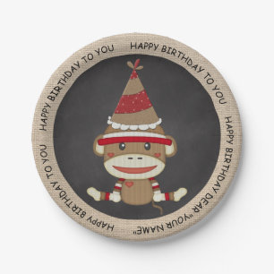 Rustisch land Burlap Birthday Sock Monkey Papieren Bordje