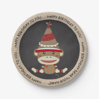 Rustisch land Burlap Birthday Sock Monkey Papieren Bordje