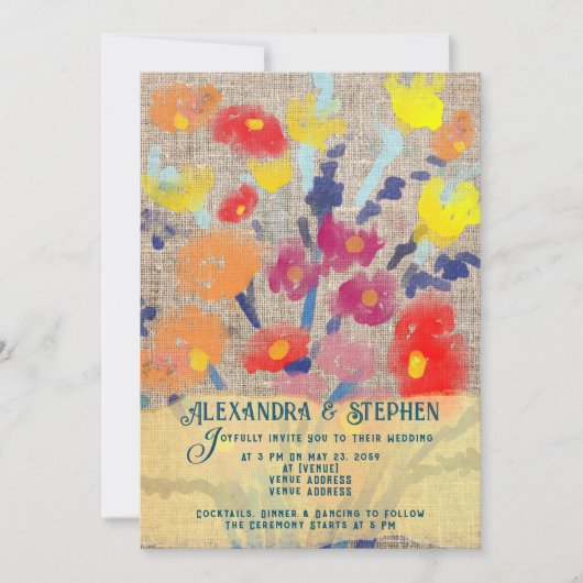 Rustisch land Burlap Bohemian Wildflower Wedding Kaart (Voorkant)