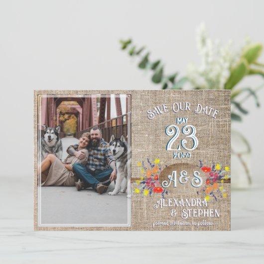 Rustisch land Burlap Boho Wildflower Wedding Save The Date (Staand voorkant)