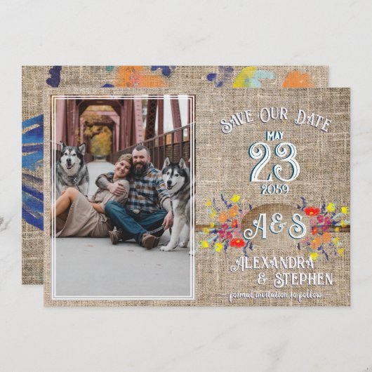 Rustisch land Burlap Boho Wildflower Wedding Save The Date (Voorkant / Achterkant)