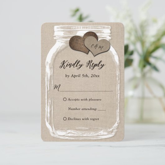Rustisch land Burlap Heart Mason Jar Wedding RSVP Kaartje (Staand voorkant)