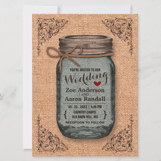 Rustisch land Burlap Jar Vintage Wedding Kaart (Voorkant)