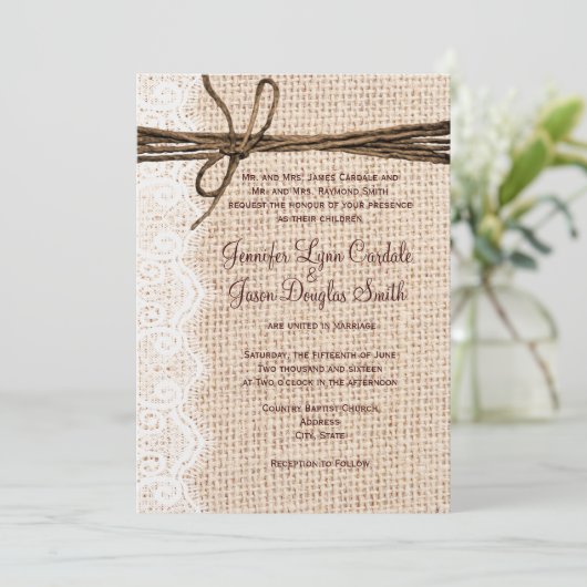 Rustisch land Burlap Lace Twine Wedding Invites Kaart (Staand voorkant)