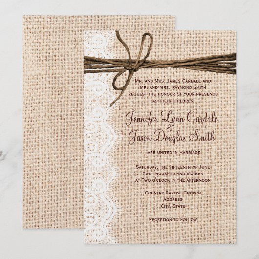 Rustisch land Burlap Lace Twine Wedding Invites Kaart (Voorkant / Achterkant)