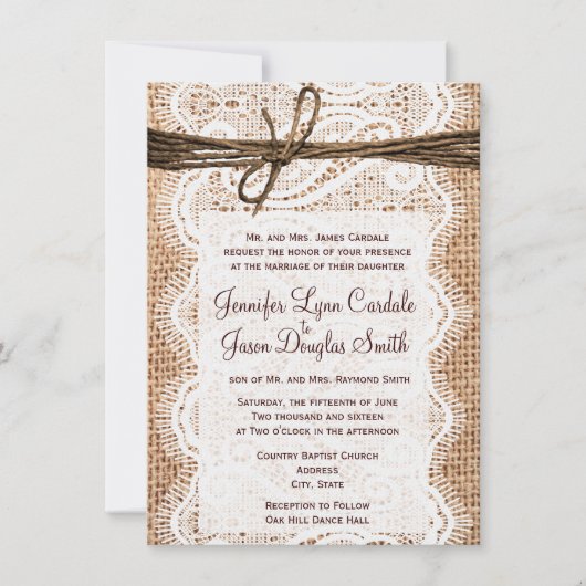 Rustisch land Burlap Lace Twine Wedding Invites Kaart (Voorkant)