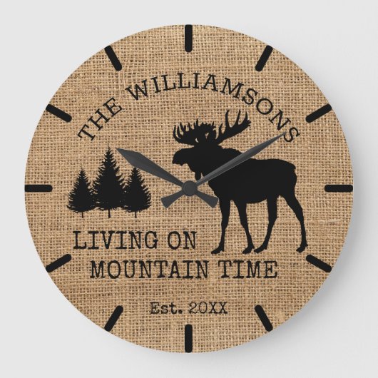 Rustisch land Burlap Living Mountain Time Moose Grote Klok (Voorkant)