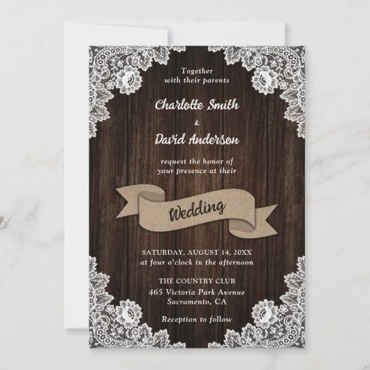 Rustisch land Burlap Ribbon Wood Wedding Kaart (Voorkant)