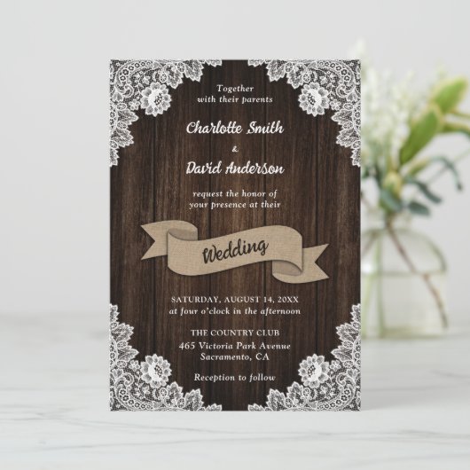 Rustisch land Burlap Ribbon Wood Wedding Kaart (Staand voorkant)