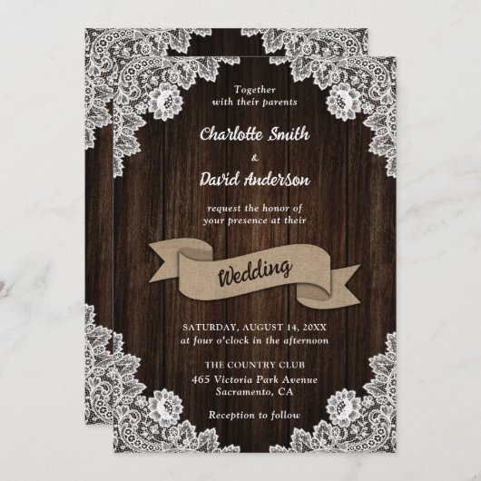 Rustisch land Burlap Ribbon Wood Wedding Kaart (Voorkant / Achterkant)