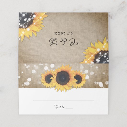 Rustisch land Burlap Sunflower Wedding Plaatskaartje (Buitenkant ongevouwen)