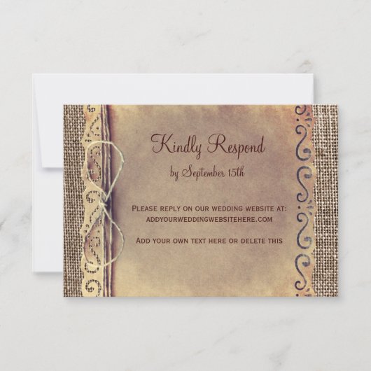 Rustisch land Burlap Wedding RSVP-kaart V2 RSVP Kaartje (Voorkant)