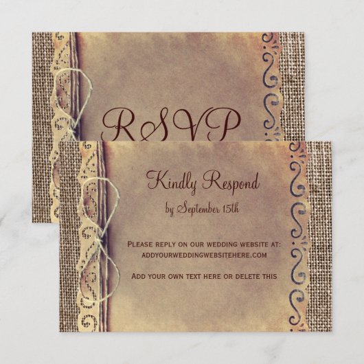 Rustisch land Burlap Wedding RSVP-kaart V2 RSVP Kaartje (Voorkant / Achterkant)