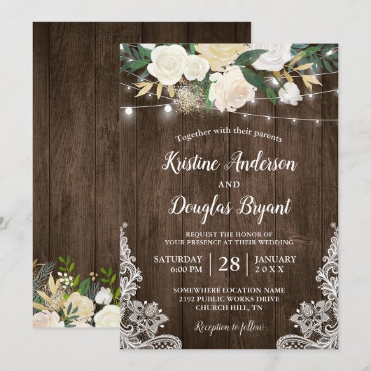 Rustisch land Chic Floral String Lights Wedding Kaart (Voorkant / Achterkant)